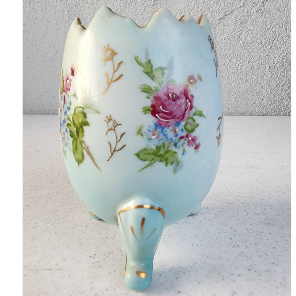 Vintage Napcoware Footed Floral Easter Egg Vase 6" Robin Egg Blue